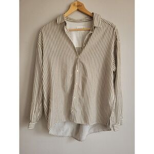 Harris Wilson Edouard Striped Button Shirt Olive Green White Viscose Cotton S